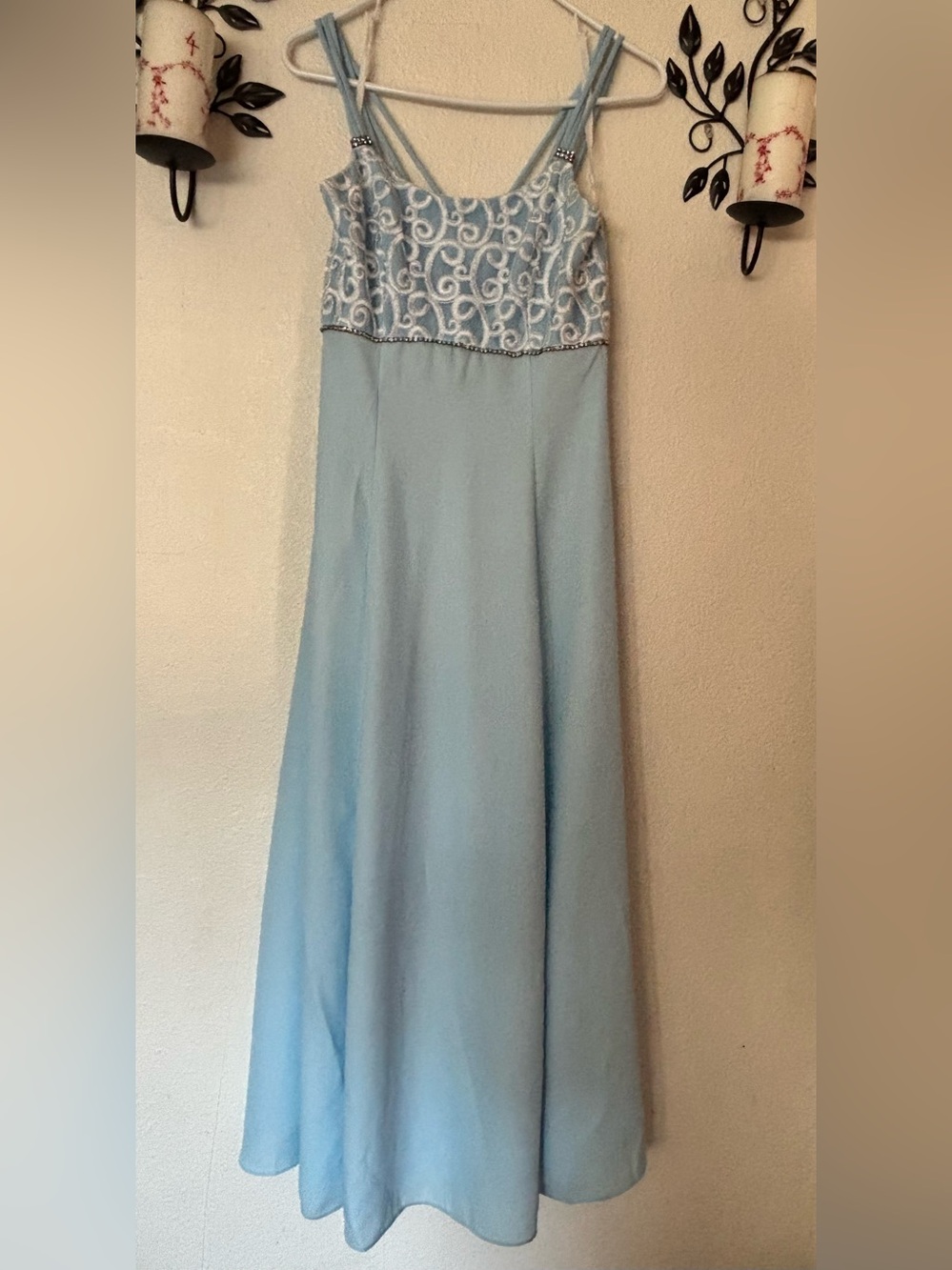 Vintage Y2K Lenovia Baby Blue Embroidered Rhinestone Prom Dress M